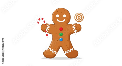 Cute gingerbread man cookie holding candy cane and lollipop isolated on