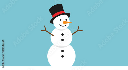 Cute cartoon snowman wearing a black top hat against blue sky