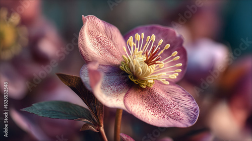 Close up shot of a hellebore flower with yellow stamens and pink petals in soft focus setting