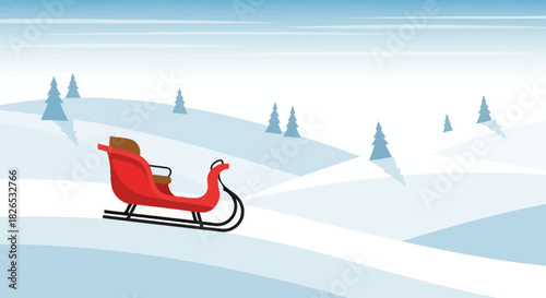 Red santa sleigh moving across a snowy winter landscape with pine trees