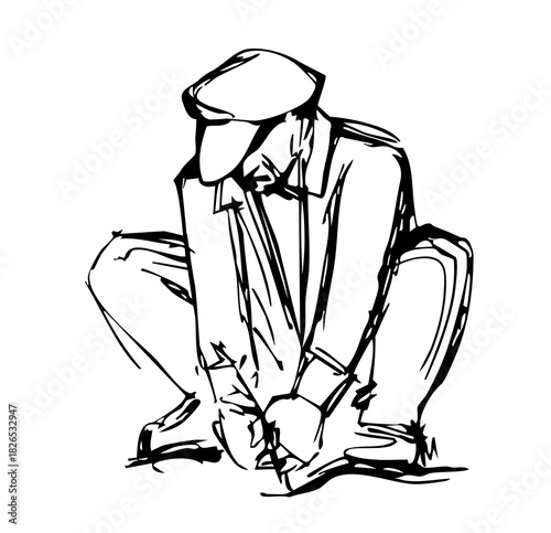 Vector drawing. A gardener weeding a garden