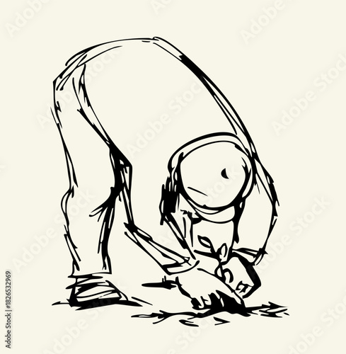 Vector drawing. A gardener weeding a garden