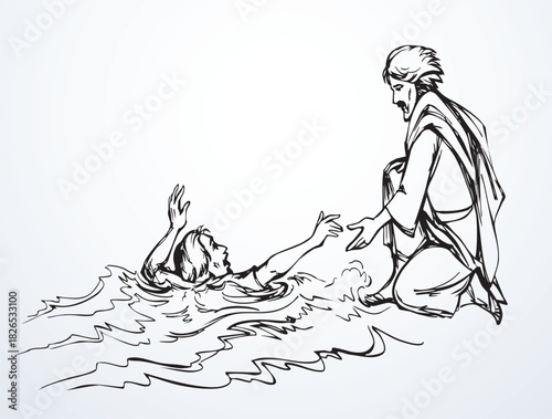 Vector drawing. Jesus helps man in a storm