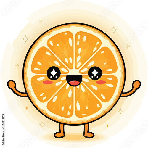 Adorable kawaii orange slice character with a happy face.