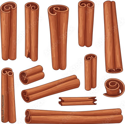 Create a kinds of deferent Cinnamon sticks vector art with white background.