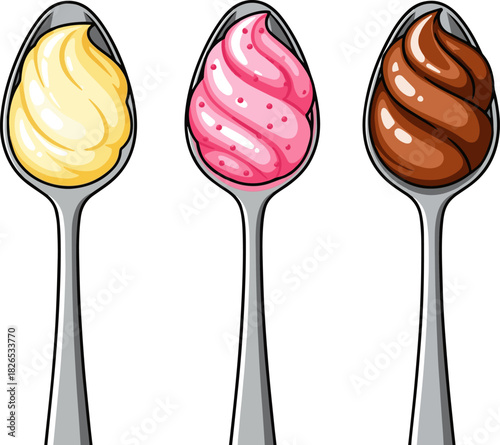 Create a kinds of deferent Creamy yogurt on a spoon vector art with white background..