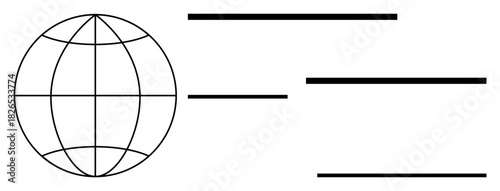 Globe with grid pattern paired with horizontal lines conveying global communication, networking, data systems, and balance. Ideal for technology, globalism, minimal design, connectivity, media