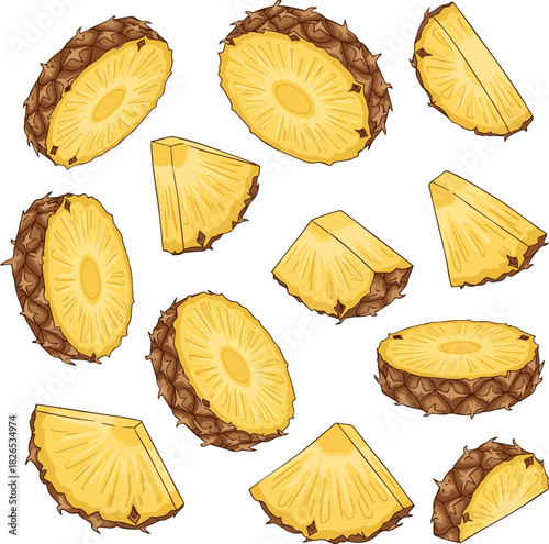 Create a kinds of deferent Falling pineapple slice vector art with white background..