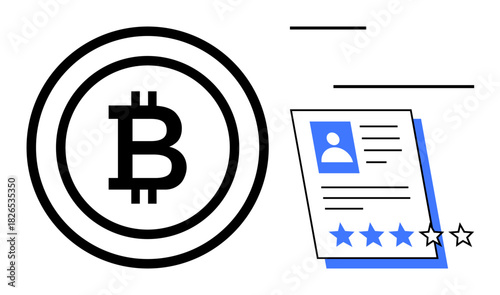 Bitcoin coin icon paired with a user profile card displaying a star rating system. Ideal for cryptocurrency, blockchain, user evaluation, finance, technology, rating systems, digital economy. Simple