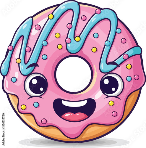 Cute cartoon donut with pink frosting and colorful sprinkles smiling happily.