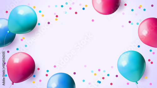 Happy Birthday background with realistic balloons and confetti. Party, celebration, anniversary, event, greeting, gift store, decor, children entertainment concept. 3D vector illustration