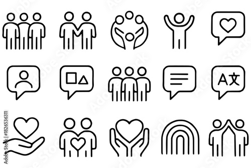 set of Love & Community Icons,
Minimalist Love & Community Icons,
Black Line Human Figures, Hearts, and Communication Symbols Set