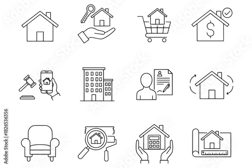 Minimalist Real Estate Line Icons,
Home, Property, Rental & Housing Symbols Set