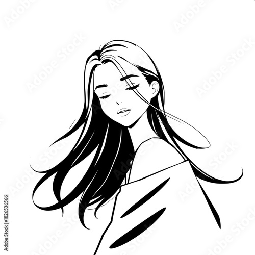 “A modern black-and-white illustration showing a youthful female figure in a gentle three-quarter view. Her hair moves dynamically behind her, with smooth contours and a soft gradient backdrop for a r
