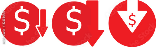 Cost reduction icon set, profit and lose money icons, Dollar coin with down arrow icon set symbolizing cost reduction.illustration,
