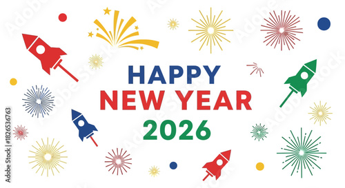 Happy new year 2026 greeting card with rocket and firework design