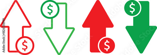 Cost reduction icon price lower arrow, profit and lose money icons, Price Reduction sign, dollar symbol with a downward arrow symbol,
