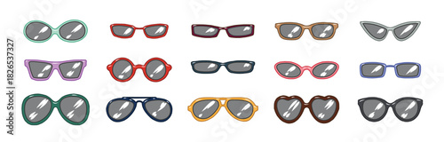Set Of Sun glasses hand drawn illustration. Hand drawn sunglasses collection in black and white on transparent background, vector illustration.