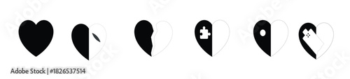 Set of various stylized human heart icons in black and white. Set of different black and white heart shapes pixelated geometric striped polka dot sketch vector illustration.