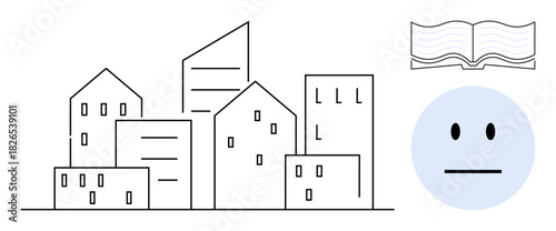 Simplistic cityscape with modern buildings, open book, and neutral emotive face. Ideal for education, urban life, emotions, minimalism, knowledge architecture learning visuals. Simple flat metaphor