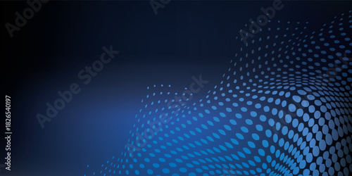 Abstract blue halftone dot pattern with dynamic wavy motion digital texture and futuristic design.