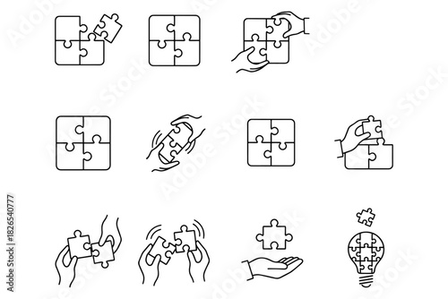 set of Puzzle & Collaboration Icons,
Puzzle & Collaboration Icons,
Minimalist Black Line Problem-Solving and Teamwork Symbols