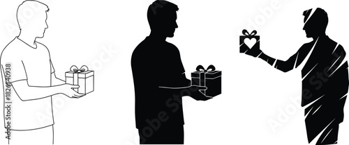 Man giving a gift box in three styles, symbolizing generosity, surprise, celebration, love, sharing, thoughtful present, and special occasion