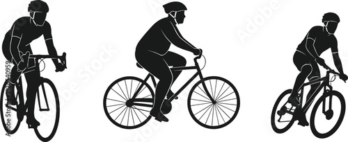 Set of Black Bicycle Rider Silhouettes, Featuring Road Cyclist, Casual Commuter, and Mountain Biker, Healthy Active Lifestyle and Sportive Travel Vector Illustrations