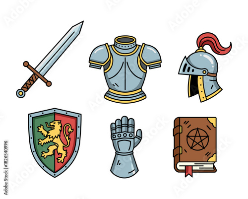 Medieval knight warrior equipment and magic spellbook vector