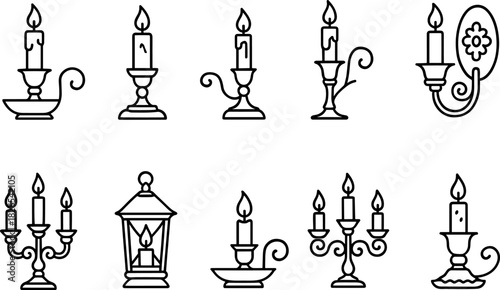 Christmas candles and holiday lights icons set. Festive decor, winter celebration outline illustrations