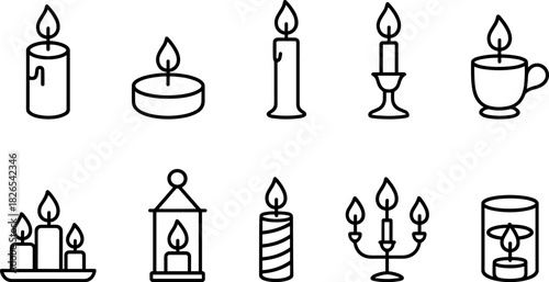 Christmas candles and holiday lights icons set. Festive decor, winter celebration outline illustrations