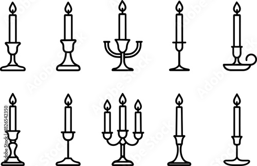 Christmas candles and holiday lights icons set. Festive decor, winter celebration outline illustrations