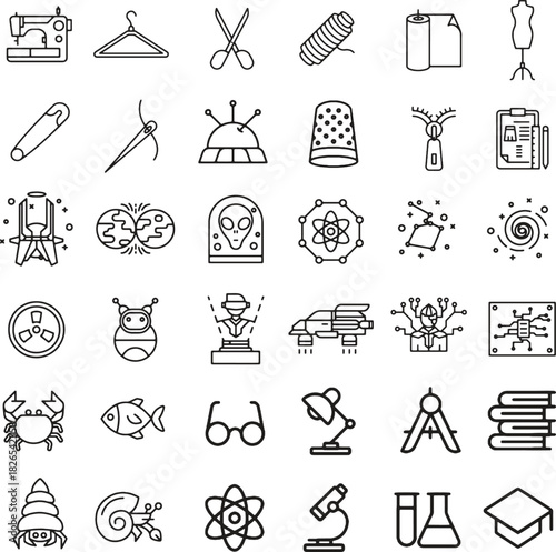 Assorted science hobbies crafts and general subject line icons
