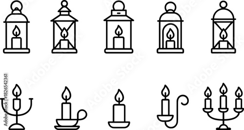 Christmas candles and holiday lights icons set. Festive decor, winter celebration outline illustrations