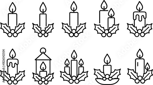 Christmas candles and holiday lights icons set. Festive decor, winter celebration outline illustrations