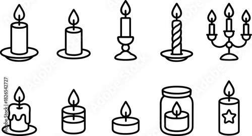 Christmas candles and holiday lights icons set. Festive decor, winter celebration outline illustrations