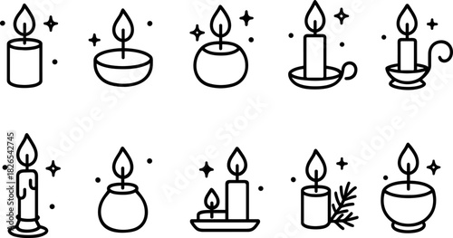 Christmas candles and holiday lights icons set. Festive decor, winter celebration outline illustrations
