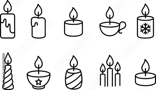 Christmas candles and holiday lights icons set. Festive decor, winter celebration outline illustrations