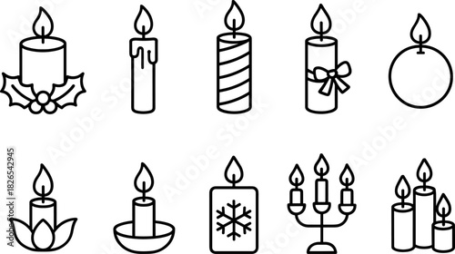 Christmas candles and holiday lights icons set. Festive decor, winter celebration outline illustrations