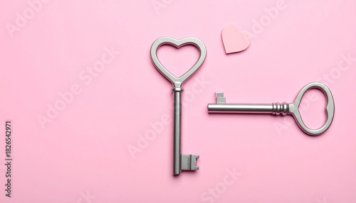 Silver key with heart-shaped top placed on pink background, soft lighting, love and romantic concept.