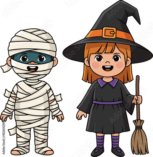 Create a little boy and girl in halloween costume vector art with white background.