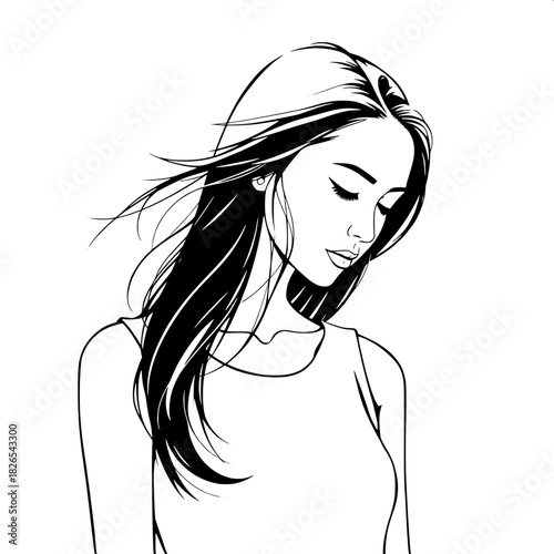 “A clean, high-contrast vector drawing of a young woman gazing downward, wearing a simple sleeveless outfit. Flowing hair, refined linework, and a subtle gray gradient background enhance the elegance 