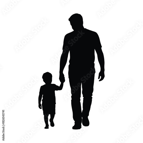 Father and child holding hands walking, family bond silhouette