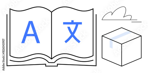 Open book displaying multiple languages, geometric box, and cloud illustration. Ideal for education, translation, global communication, linguistics, online learning, content creation minimal design