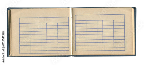 small old notebook with vintage yellow brown paper cloth cover and empty spreadsheet accounting charts inside open and isolated on white