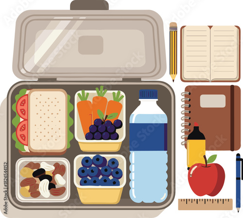 Create a Prepared lunchbox featuring snacks, fruits, vegetables, nuts, and water, accompanied by school supplies vector art with white background.
