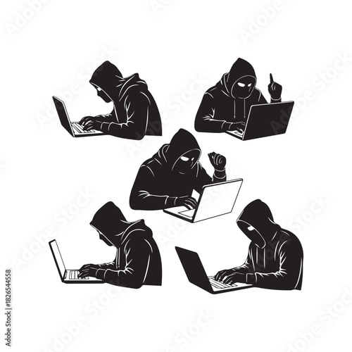 Hooded Hacker with Laptop Vector Set