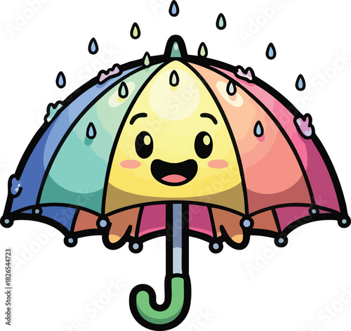 Happy colorful umbrella with raindrops and a smiling face in the rain.