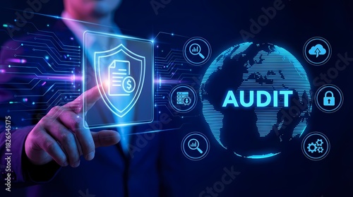 A professional virtual audit concept featuring a businessman engaging with a digital security shield, emblematic icons, and a global map to symbolize global digital compliance and security.