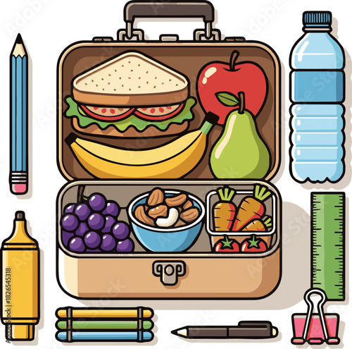 Create a Prepared lunchbox featuring snacks, fruits, vegetables, nuts, and water, accompanied by school supplies vector art with white background.